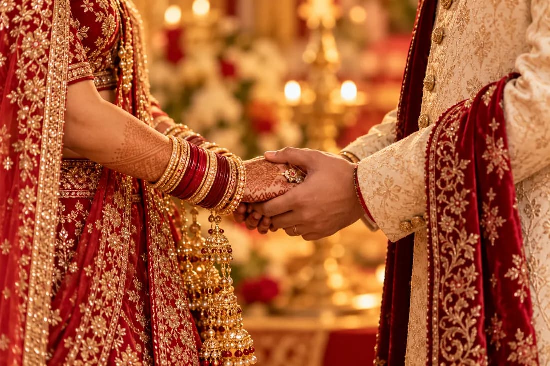 A couple sharing a wedding moment